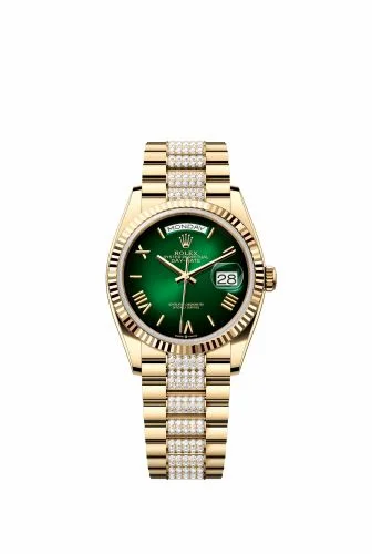 Rolex Day-Date 36 Yellow Gold / Fluted / Green Ombré - Roman / President - Diamond 128238-0119 (m128238-0119)